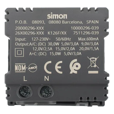 Módulo de Carga USB Doble / 30W PD+QuickCharge / USB-A + USB-C / 45x45 mm / Grafito