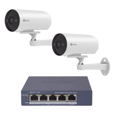 Kit de Videovigilancia PoE / 2 Cámaras IP 3 Megapixel / Switch 4 Puertos PoE+ Gigabit / Visión Nocturna a Color / IP67 / Audio Bidireccional / Luz y Sirena