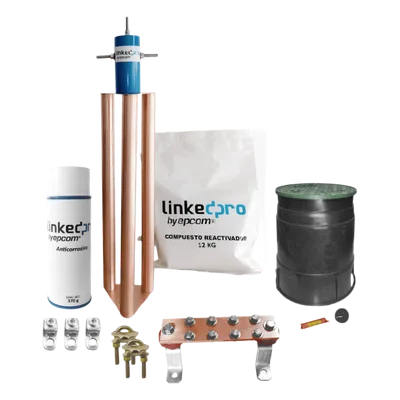 Kit Puesta a Tierra 200A / Electrodo Cobre Electrolítico / Diseño Delta / Filtro Equipotencial / Compuesto 12 kg / Barra Unión + Conectores + Registro