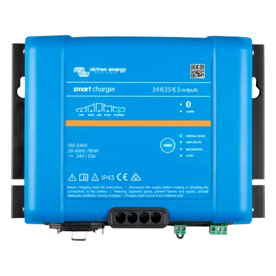 Cargador de Baterías / 24V 25A / 3 Salidas Independientes / IP43 / Carga 6 Etapas / Plomo y Litio