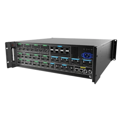 Switcher de Presentación 4K / 12 Capas DL / 10G Fibra Óptica 10 km (6.2 mi) / HDMI 2.0 DP 1.2 12G-SDI / Dante 32x32 / Multiviewer Dedicado / Latencia 1 Frame