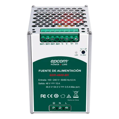 Fuente de Alimentación Industrial DIN Riel / 480 W / Salida 48 VCC 10 A / Eficiencia ≥93% / Carga de Batería / -20°C a 70°C