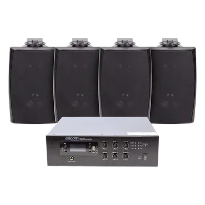 Kit de Sonido Ambiental / Amplificador 240W RMS / Salida 70/100V / 4 Altavoces de Pared / Bluetooth y MP3 / Resistente a Humedad