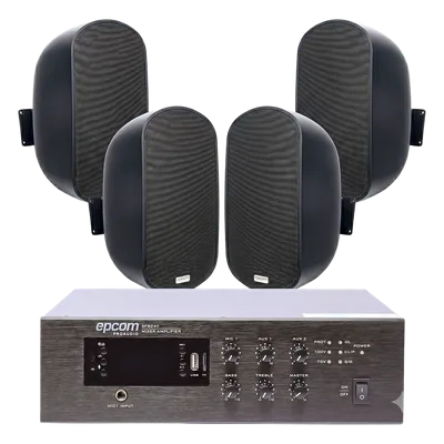 Kit de Amplificador de Escritorio / 240W RMS / Salida 70/100V / 4 Altavoces de Pared 5" / Taps 3W a 50W / Bluetooth y MP3 Integrados