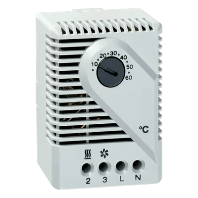 Termostato Mecánico para Gabinetes / 115V AC / Rango 10°C a 60°C / Montaje Riel DIN 35 mm / Contacto Snap-Action / Gris Claro RAL 7035
