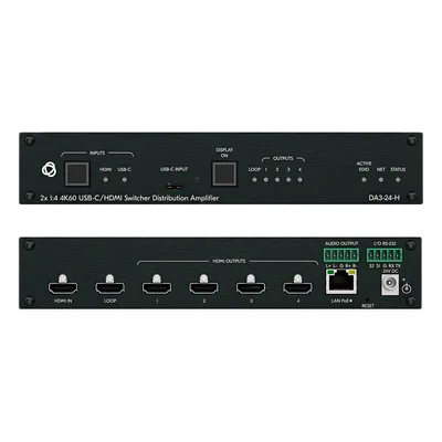 Distribuidor y Switcher 2x1:4 | 4K@60Hz 4:4:4 | HDMI 2.0b | HDCP 2.3 | 18Gbps | EDID Inteligente | Escalado Automático | Audio Analógico | RS-232 | Alimentación 20 VDC | Montaje en Rack 1U | 21.46 cm 