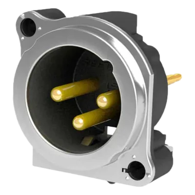 Conector XLR Macho / 3 Polos / Montaje Vertical PCB / Carcasa Metálica / Pines Chapados en Oro / Diseño Ultra Compacto
