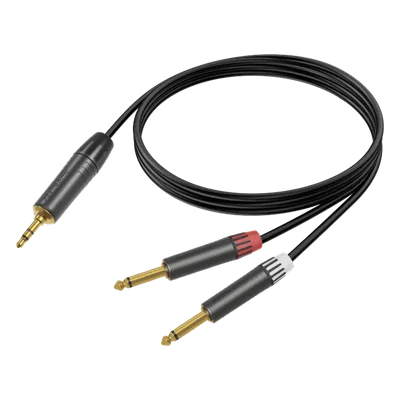 Cable de Audio Profesional / Plug 3.5 mm Estéreo a 2 Plugs 6.35 mm (1/4 in) Mono / Longitud 5 m (16.4 ft) / Conectores Chapados en Oro / Carcasa Negra