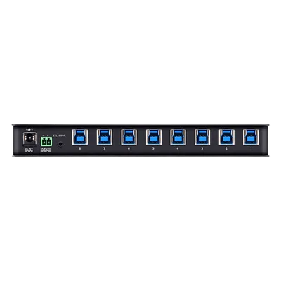 Conmutador de Uso Compartido USB 3.2 Gen 1 Industrial | 8 Puertos para Computadoras | 4 Puertos para Dispositivos | 5 Gbps | Selección por Botón, RS-232/485 o Remoto | Power on Detection | Carcasa de