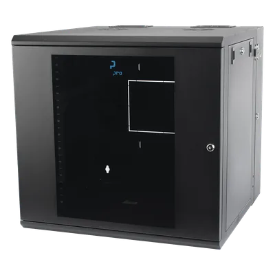 Gabinete de Pared Abatible / Rack 19" 12U / Ventana Cristal Templado / Apertura 120° / Laterales Removibles
