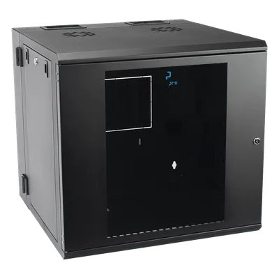 Gabinete de Pared Abatible / Rack 19" 12U / Ventana Cristal Templado / Apertura 120° / Laterales Removibles