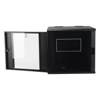 Gabinete de Pared Abatible / Rack 19" 12U / Ventana Cristal Templado / Apertura 120° / Laterales Removibles