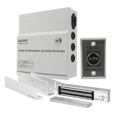 Kit de Control de Acceso / Fuente 12 VCD 5A / Chapa Magnética 600 lbs / Botón Sin Contacto / Montajes L y Z / Batería de Respaldo Opcional