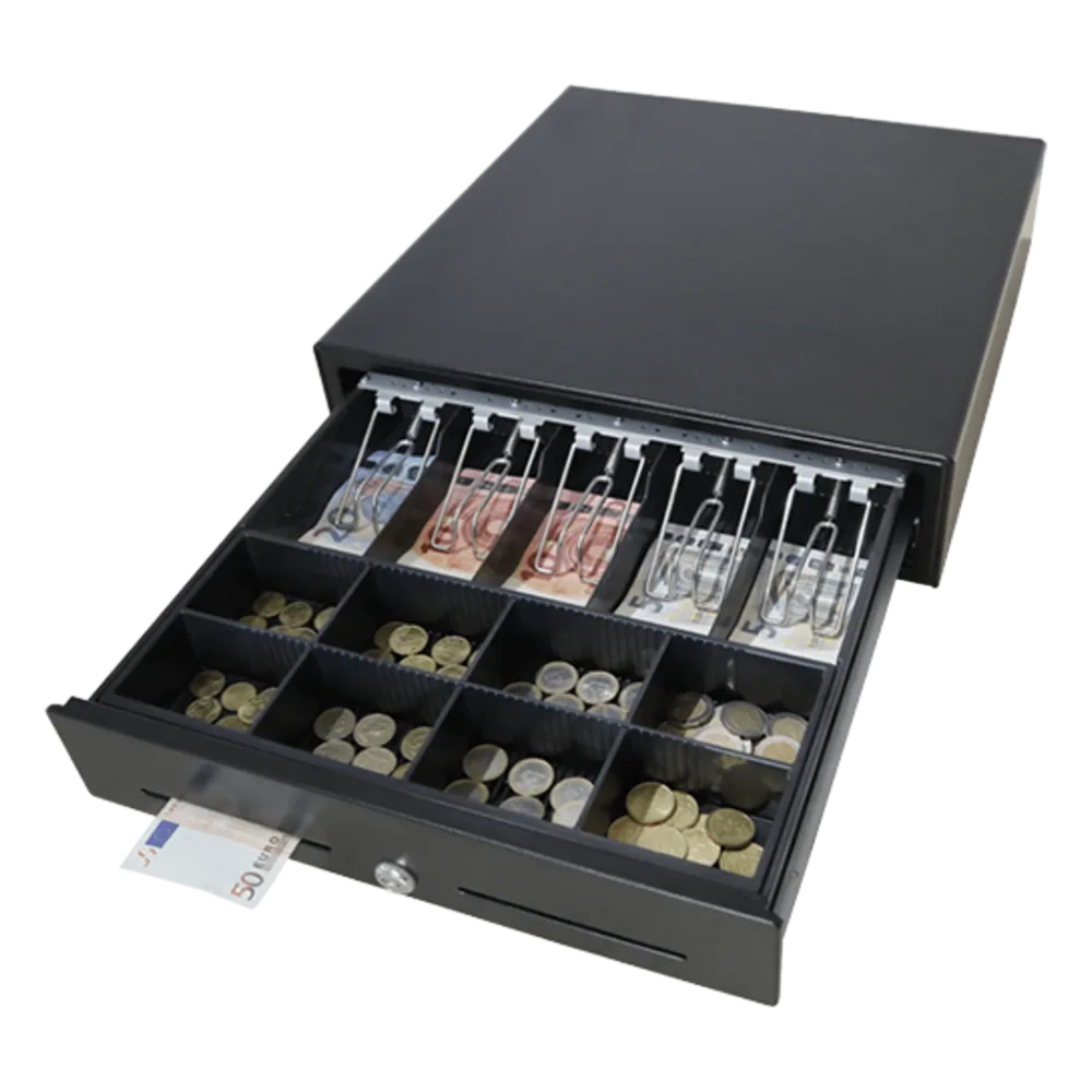 Cajón para Efectivo / Apertura Manual Push Open / Sin Electricidad / Insertos Ajustables 4/5/6/8 Billetes / Acero SPCC / 410 mm
