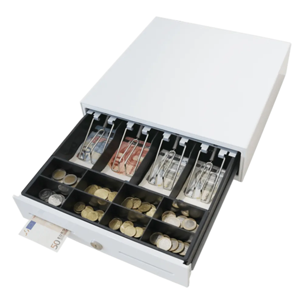 Cajón de Efectivo / Compacto 330 mm / 4 Billetes + 8 Monedas / Apertura RJ11 / Cerradura con Llave / Punto de Venta