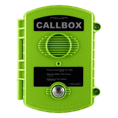 Callbox Inalámbrico UHF / Frecuencia 450-470 MHz / Gabinete IP57 Policarbonato / Alimentación Baterías D o Externa / Antena Interna Ajustable / Botón PTT Antivandálico