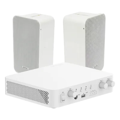 Kit Amplificador 100V / 2 Canales 30W / Bluetooth / USB / RCA / 2 Altavoces Pared 20W / IP66