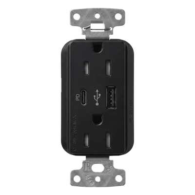 Receptáculo con USB / 15 A 125 V~ / Power Delivery 55 W / USB-A y USB-C / Tamper Resistant / Acabado Satinado Midnight