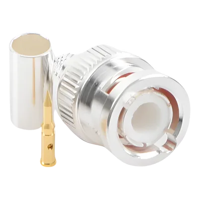 Conector Coaxial BNC Macho / Anillo Plegable / Cuerpo Bronce Plateado / Contacto Oro / Aislante Teflón / Cables RG-58/U, RG-142/U, LMR-195