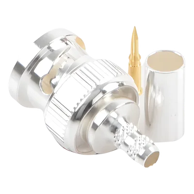 Conector Coaxial BNC Macho / Anillo Plegable / Cuerpo Bronce Plateado / Contacto Oro / Aislante Teflón / Cables RG-58/U, RG-142/U, LMR-195