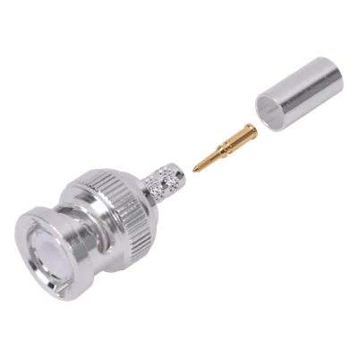 Conector Coaxial BNC Macho / Anillo Plegable / Cuerpo Bronce Plateado / Contacto Oro / Aislante Teflón / Cables RG-58/U, RG-142/U, LMR-195