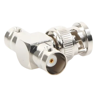 Adaptador RF en T / BNC Macho a Doble BNC Hembra / 50 Ohm / Cuerpo Niquelado / Contacto Oro / Aislante Teflón