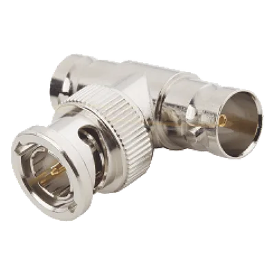 Adaptador RF en T / BNC Macho a Doble BNC Hembra / 50 Ohm / Cuerpo Niquelado / Contacto Oro / Aislante Teflón