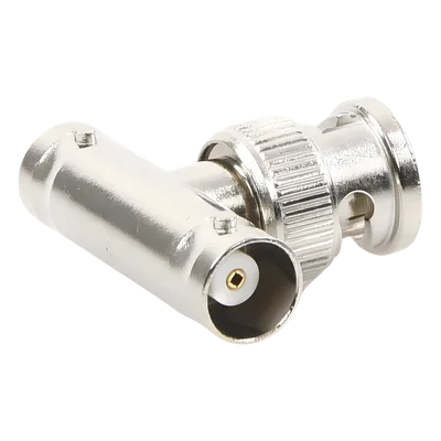 Adaptador RF en T / BNC Macho a Doble BNC Hembra / 50 Ohm / Cuerpo Troquelado Niquelado / Contacto Oro / Aislante Delrin