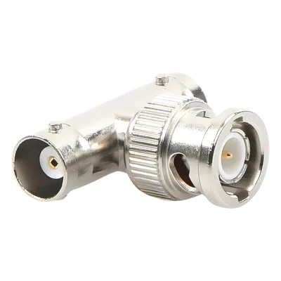 Adaptador RF en T / BNC Macho a Doble BNC Hembra / 50 Ohm / Cuerpo Troquelado Niquelado / Contacto Oro / Aislante Delrin