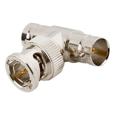 Adaptador RF en T / BNC Macho a Doble BNC Hembra / 50 Ohm / Cuerpo Troquelado Niquelado / Contacto Oro / Aislante Delrin