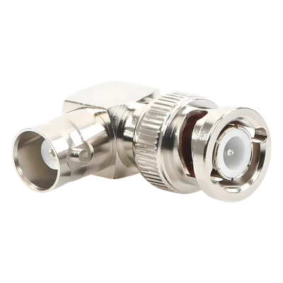 Adaptador RF / BNC Macho a Hembra / Ángulo Recto / 50 Ohm / Cuerpo Niquelado / Contacto Plateado / Aislante Teflón