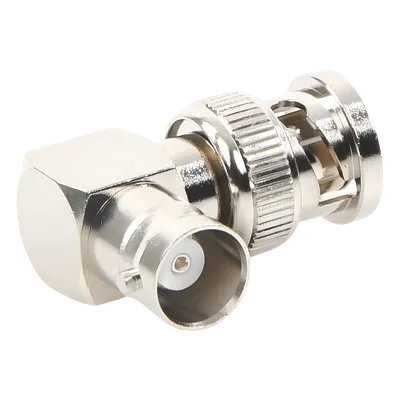 Adaptador RF / BNC Macho a Hembra / Ángulo Recto / 50 Ohm / Cuerpo Niquelado / Contacto Plateado / Aislante Teflón