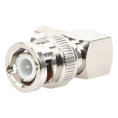 Adaptador RF / BNC Macho a Hembra / Ángulo Recto / 50 Ohm / Cuerpo Niquelado / Contacto Plateado / Aislante Teflón