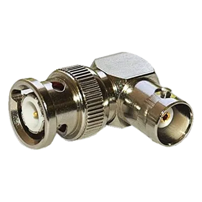 Adaptador RF / BNC Macho a Hembra / Ángulo Recto / 50 Ohm / Cuerpo Niquelado / Contacto Plateado / Aislante Teflón