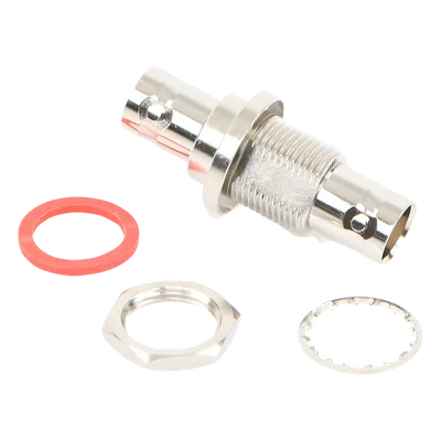 Adaptador Coaxial / Doble BNC Hembra / Montaje Chasis Hermético / D-Plano Frontal o Trasero / 50 Ω / Cuerpo Niquelado / Contacto Oro