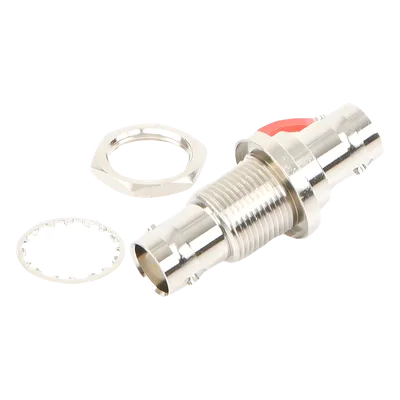 Adaptador Coaxial / Doble BNC Hembra / Montaje Chasis Hermético / D-Plano Frontal o Trasero / 50 Ω / Cuerpo Niquelado / Contacto Oro