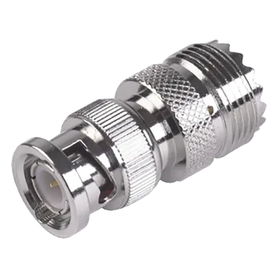 Adaptador RF en Línea / 50 Ohm / BNC Macho a UHF Hembra SO-239 / Cuerpo Níquel / Contacto Oro / Aislante Delrin