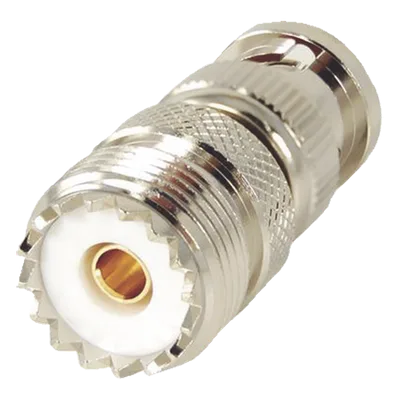 Adaptador RF en Línea / 50 Ohm / BNC Macho a UHF Hembra SO-239 / Cuerpo Níquel / Contacto Oro / Aislante Delrin