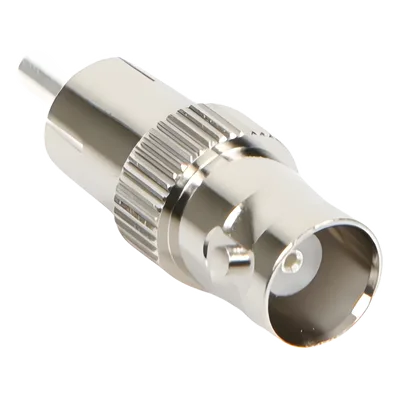 Adaptador Coaxial / BNC Hembra a RCA Macho / 50 Ohm / En Línea / Níquel-Plata-Delrin