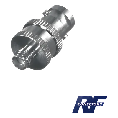 Adaptador de Conector RF / BNC Hembra a SMA Hembra / Montaje en Línea / Cuerpo Niquelado / Contacto de Oro / Aislante de Teflón