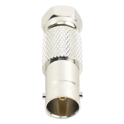 Adaptador en Línea / BNC Hembra a F Macho / 50 Ohm / Cuerpo Níquel / Contacto Oro / 36.5 mm