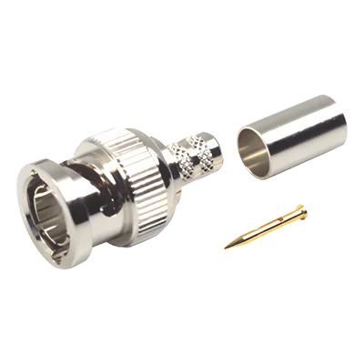 Conector BNC Macho / 75 Ohm / Anillo Plegable / Engarzado / Níquel-Oro-Delrin / RG-59/U