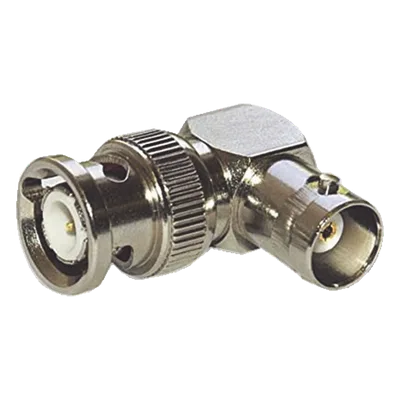 Adaptador Coaxial / BNC Macho a BNC Hembra / Ángulo Recto / 75 Ohm / Níquel-Oro-Teflón