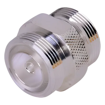 Adaptador Barril / DIN 7-16 Hembra a Hembra / Cuerpo Bronce Plateado / Aislante Teflón / Montaje en Línea