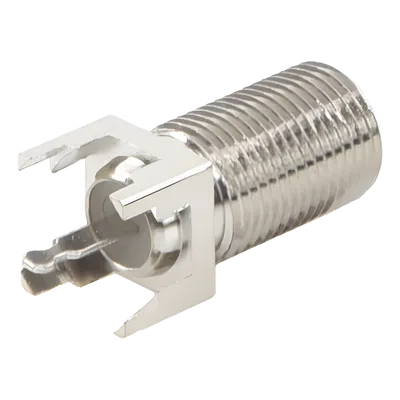 Conector F Hembra / Montaje Vertical PCB / 4 Terminales de Soldadura / Separación 0.32" / Cuerpo Níquel / Contacto Estañado / Dieléctrico Polietileno