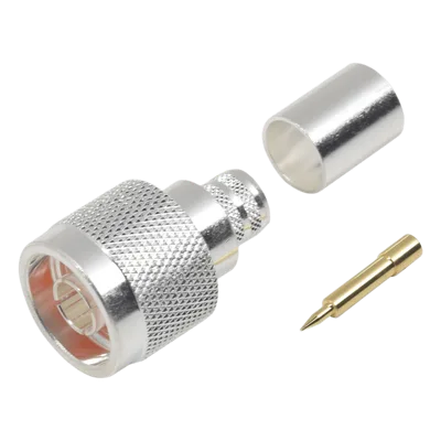 Conector N Macho / Anillo plegable / LMR-400, 9913, CNT-400, RG8/U-SYS, RFLASH-1113, 8214 / Cuerpo bronce plateado / Contacto oro