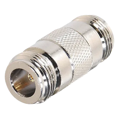Adaptador Coaxial Tipo Barril / 50 Ohm / Conector N Hembra a N Hembra / Montaje en Línea / Cuerpo Bronce Plateado / Contacto Oro / Aislante Teflón