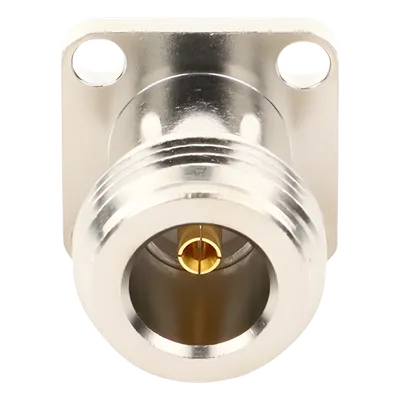 Conector RF N Hembra / Montaje Panel Cuadrado 17.5 mm / 4 Perforaciones 12.7 mm (0.5 in) / Soldable / Contacto Oro / Aislante Teflón