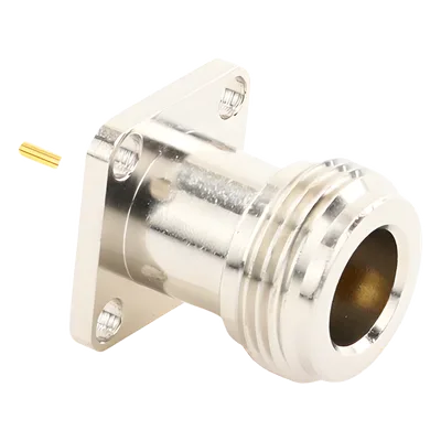 Conector RF N Hembra / Montaje Panel Cuadrado 17.5 mm / 4 Perforaciones 12.7 mm (0.5 in) / Soldable / Contacto Oro / Aislante Teflón