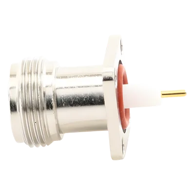 Conector RF N Hembra / Montaje Panel Cuadrado 17.5 mm / 4 Perforaciones 12.7 mm (0.5 in) / Soldable / Contacto Oro / Aislante Teflón